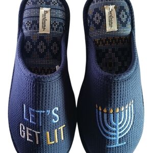 Dearfoams Blue Slippers w/Menorah Design "LET'S GET LIT"